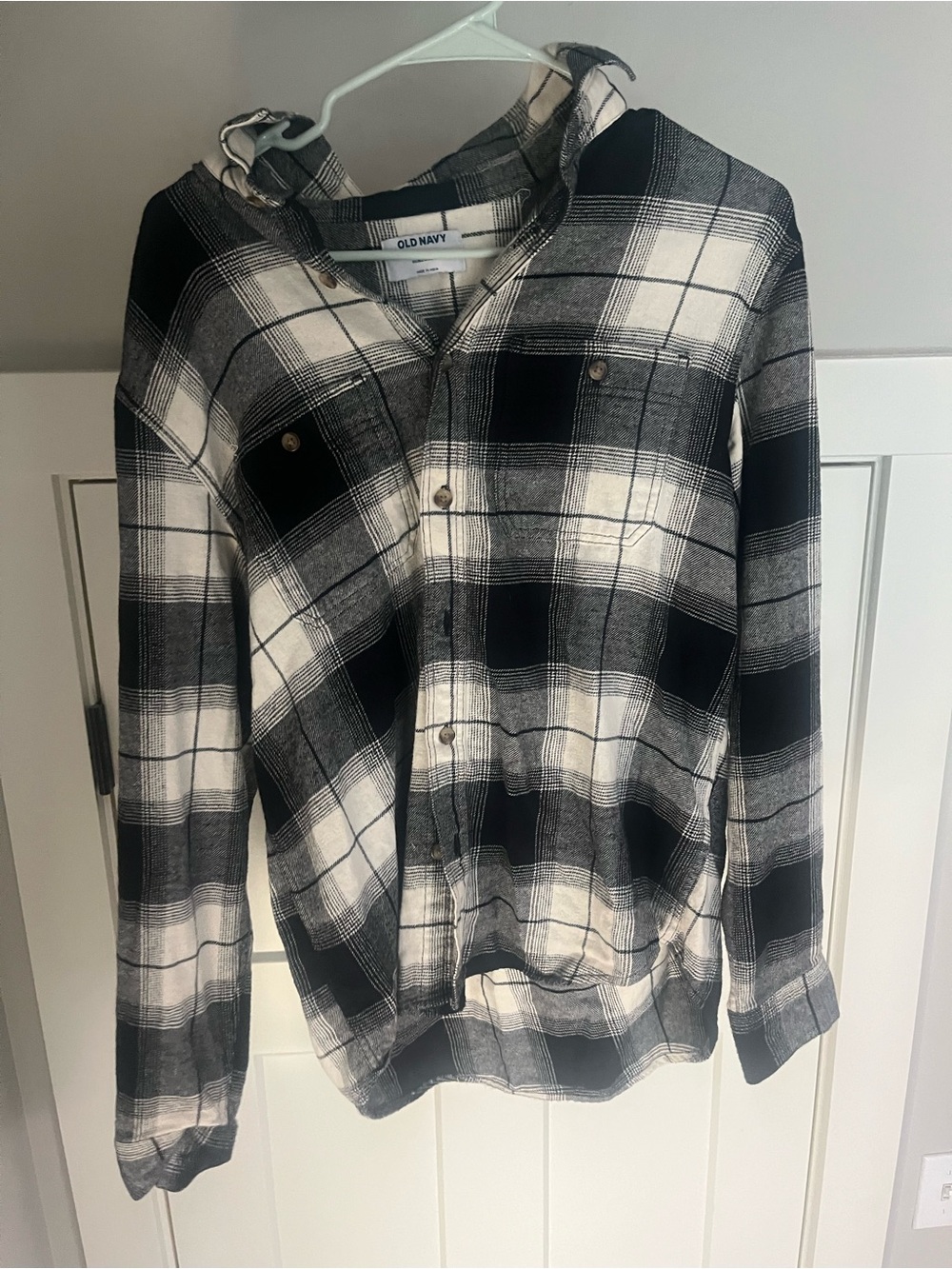 Old Navy Black and White Plaid Hooded Button-Up